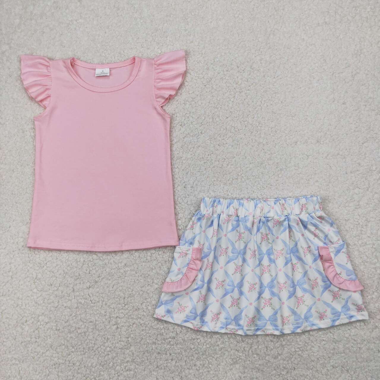 Pink tank top blue bow skirts girls summer outfit