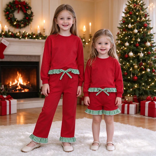 Red color long sleeve top matching pants girls spring fall outfit