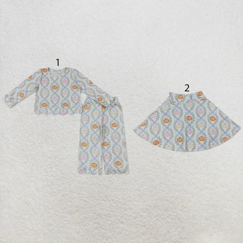 Bow pumpkin scallop print girls long sleeve spring fall set outfit