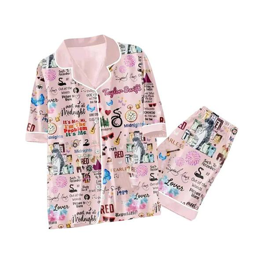 Adult counrty music print short sleeve button down pajama set