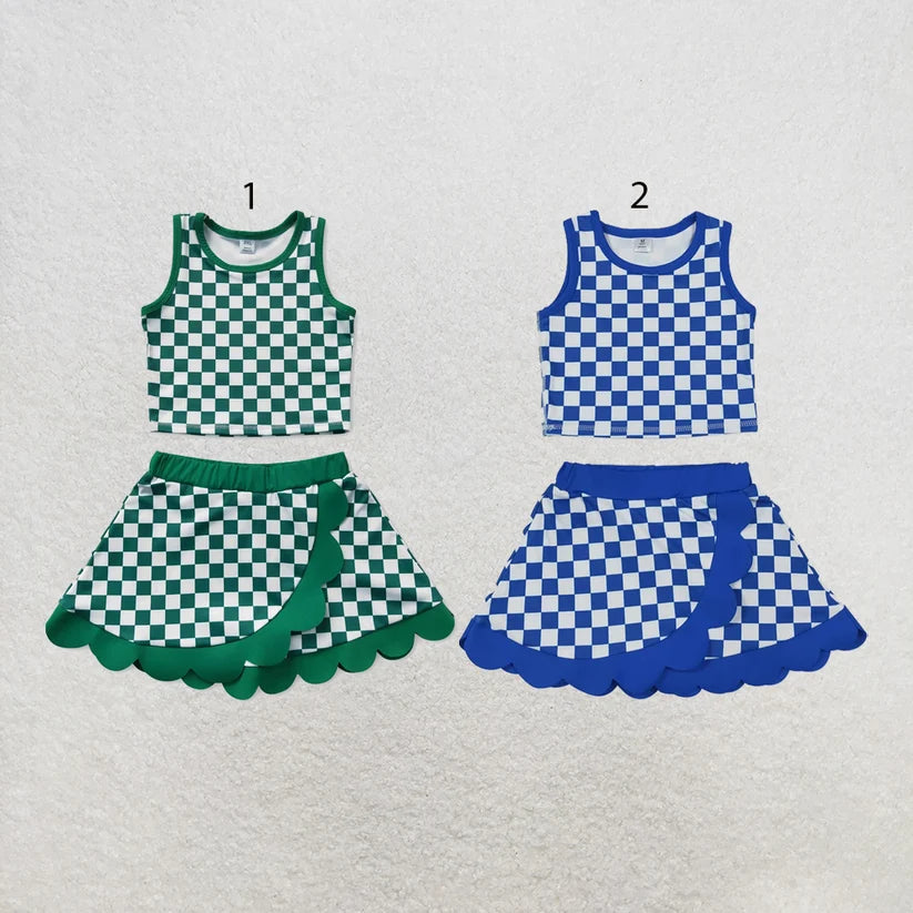 Green plaid top matching skorts girls summer yoga outfit