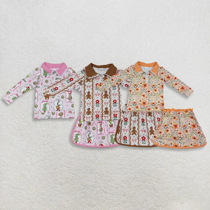 Orange flowers long sleeve pullover top matching skorts girls outfit