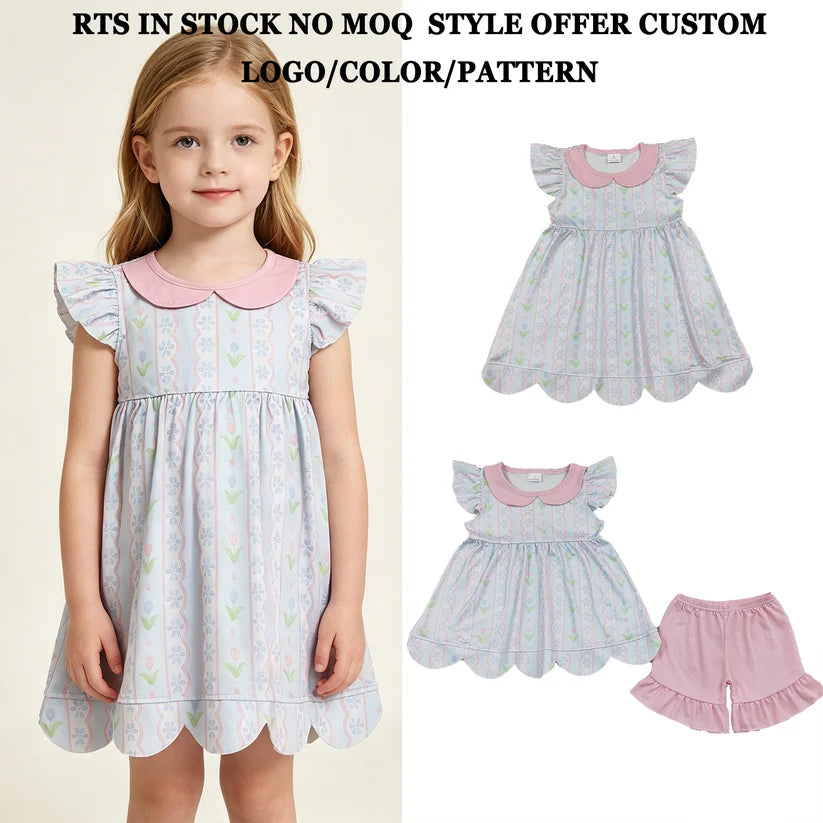 Blue flowers print girls summer dress