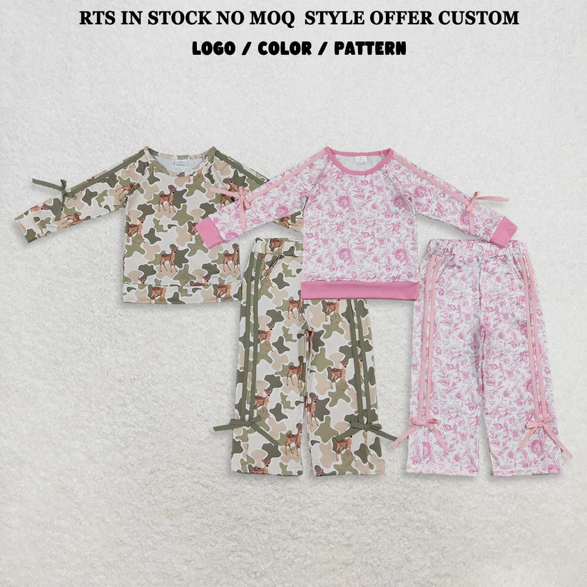 Pink flowers print long sleeve top matching pants girls fall outfit