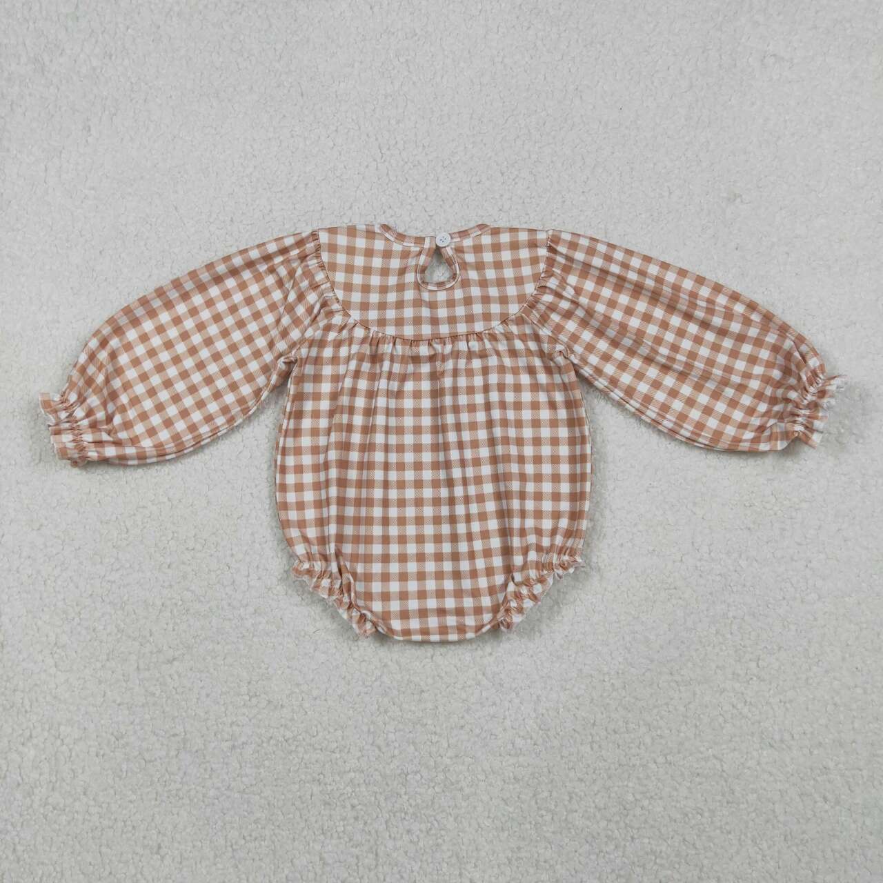 Thanksgiving embroidery turkey khaki plaid long sleeve romper