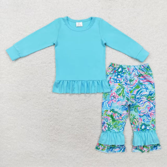 baby girl blue long sleeve top seaweed ruffle pants clothes