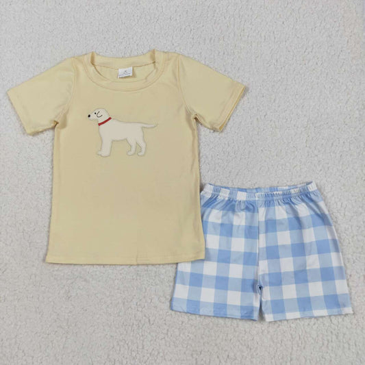 Cute embroidery puppy dog blue plaid shorts boy summer outfit
