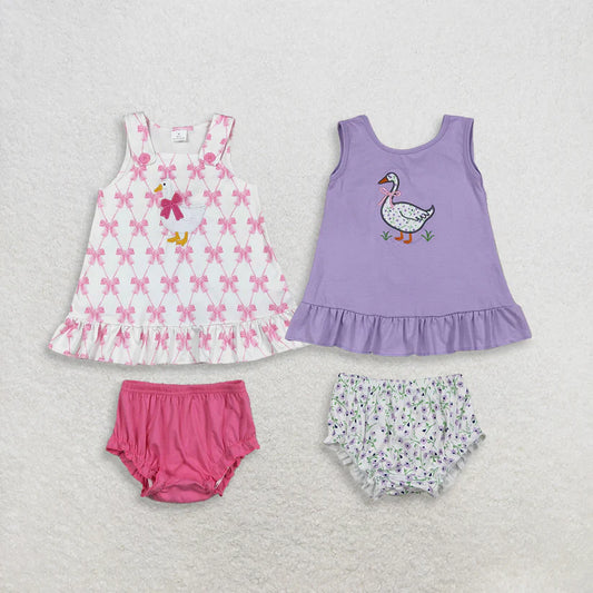 Pink bow embroidery goose girls summer bummies outfit