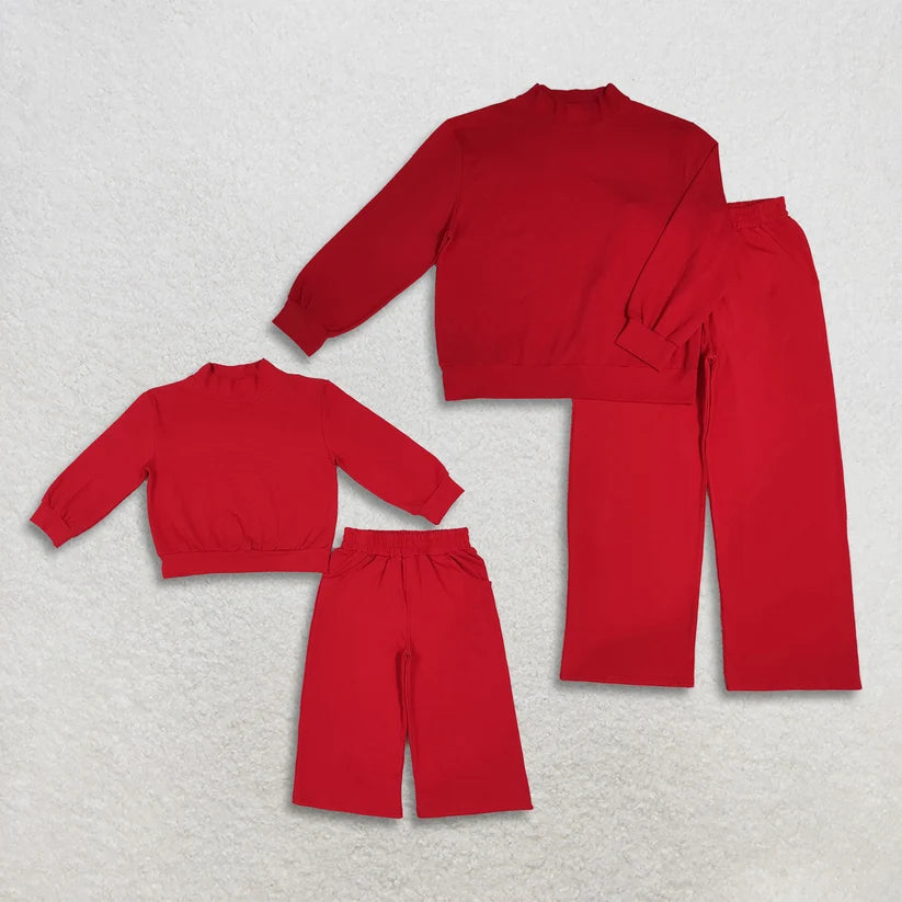 Mommy and me red color long sleeve mock neck top matching leggings set