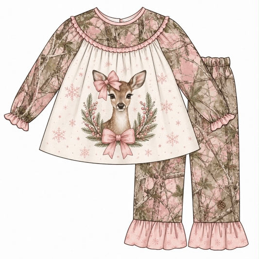 Toddle kids girl deer print shirt matching pants fall winter design outfit