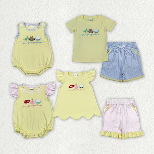 Embroidery Dinosaur top matching shorts boy summer outfit