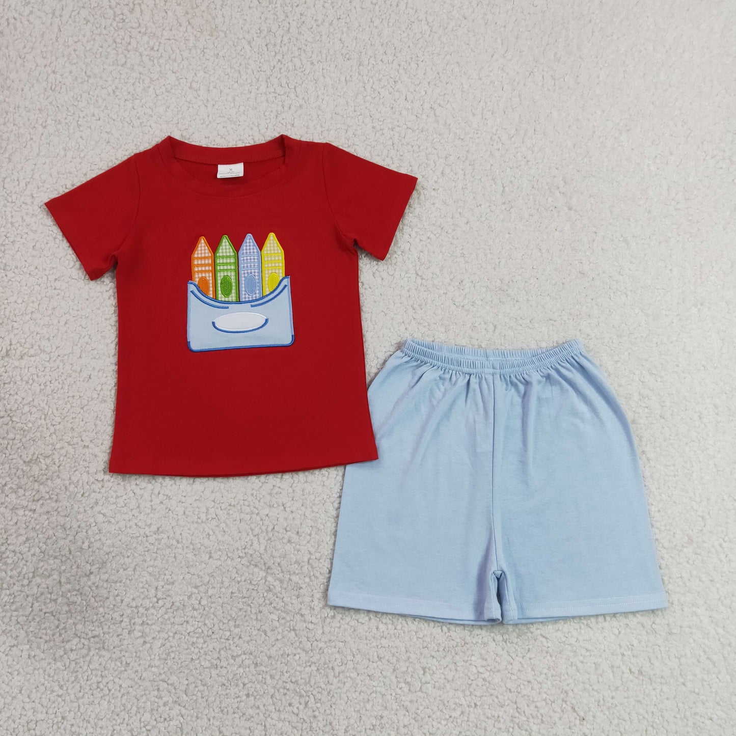 Back to school embroidery pencil short sleeve top matching shorts girls summer set