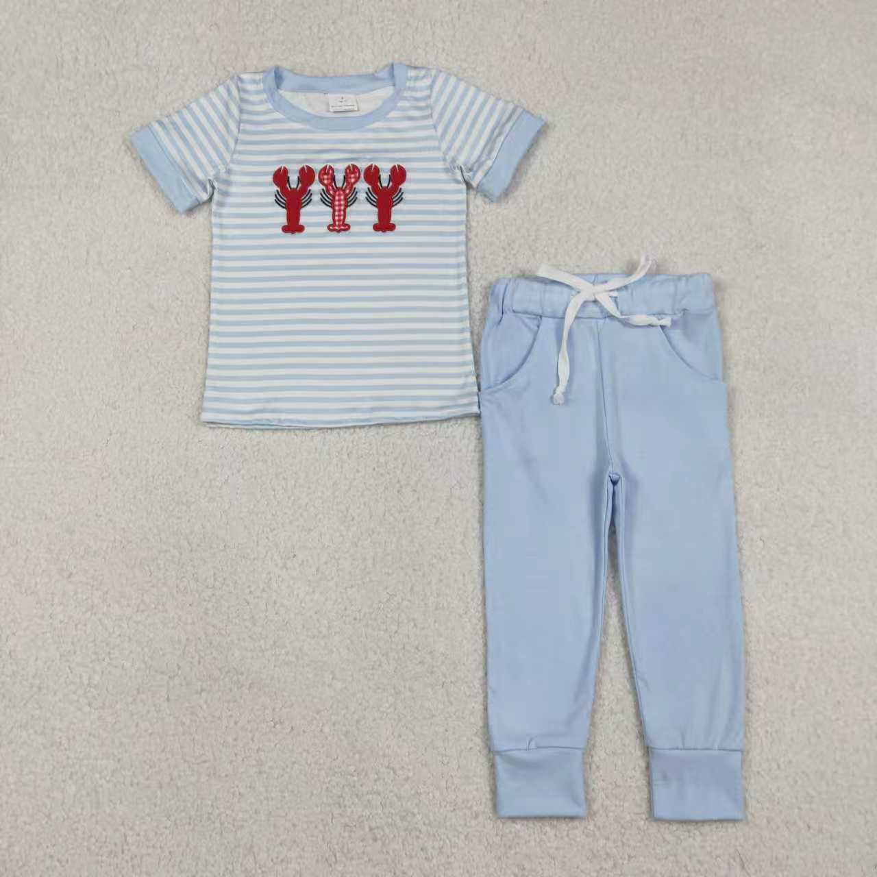 Embroidery crawfish print boys short sleeve outfit
