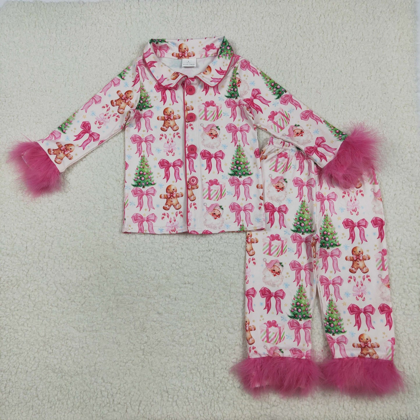 Christmas santa claus red bow long sleeve fur pajama set outfit