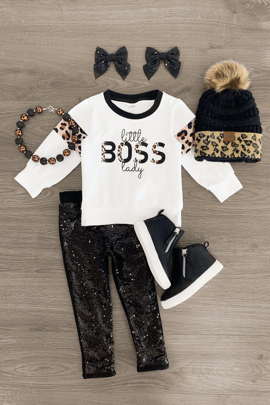 Little boss lady top black sequins leggings outfit