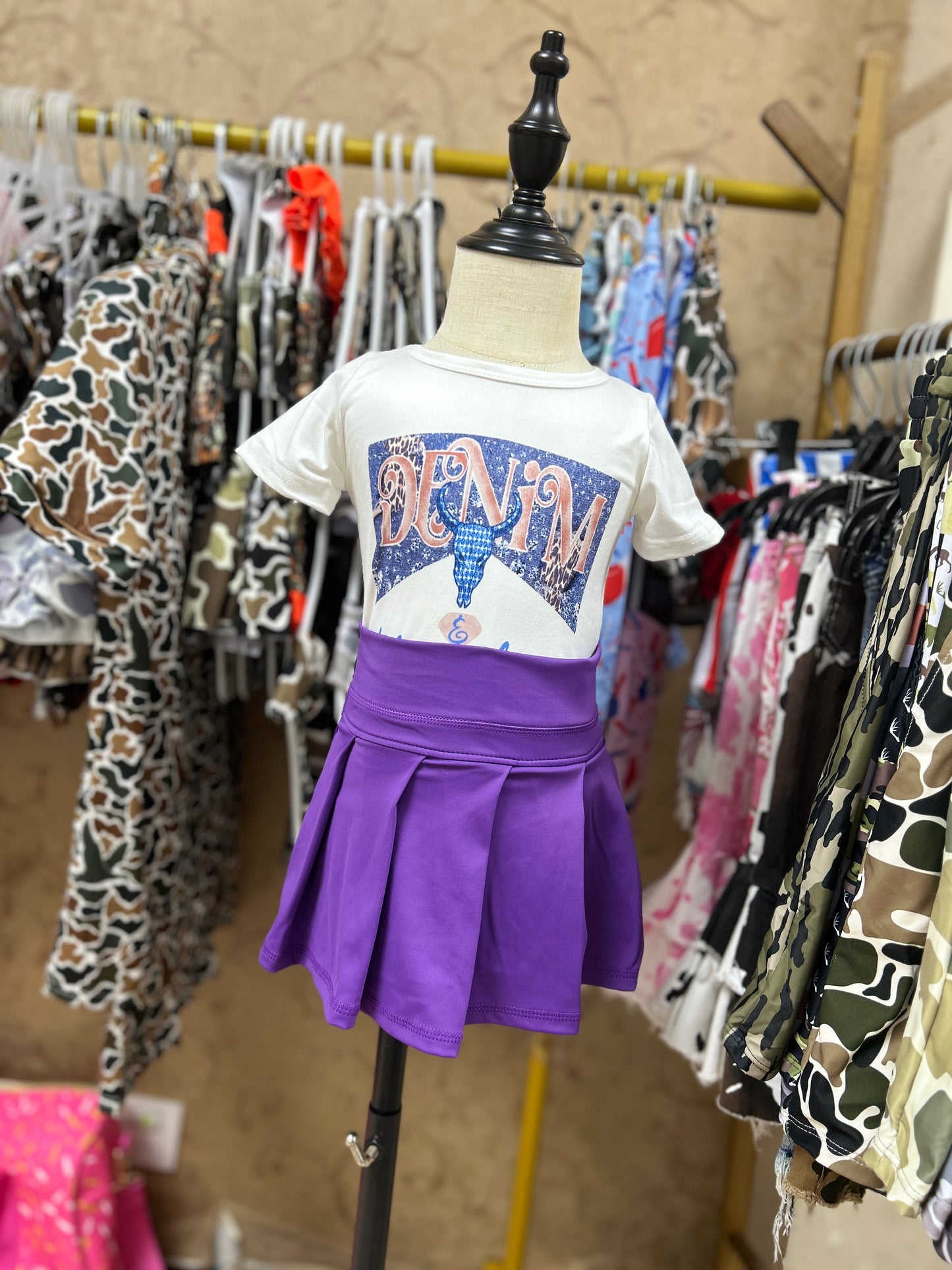 Girls western shirt matching purple yoga skirt summer outfit