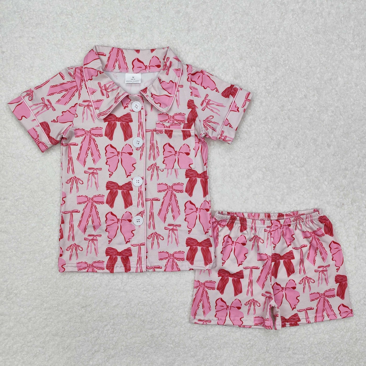 mommy and me pink bow short sleeve button down pajama set