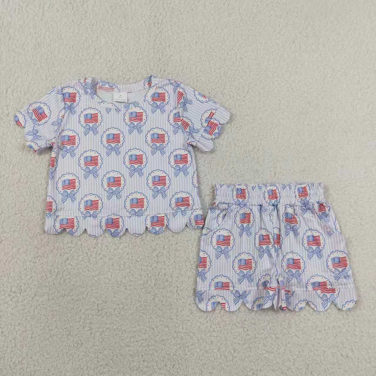 July 4th red blue bow top matching shorts girl summer clothes