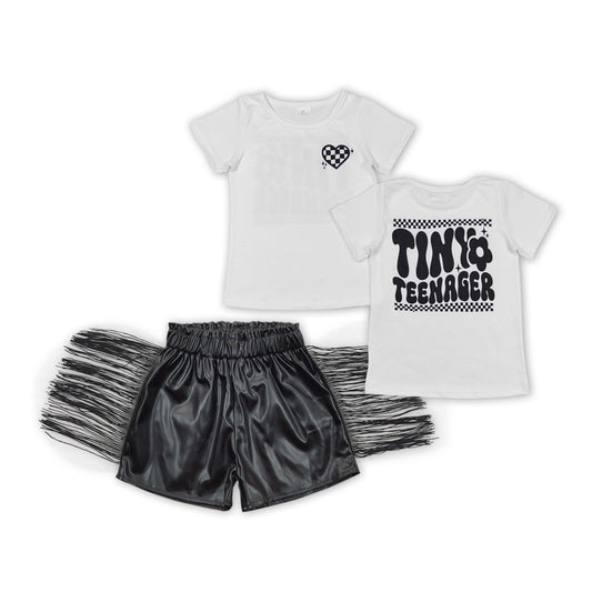 tiny teenager shirt black pu leather shorts outfit