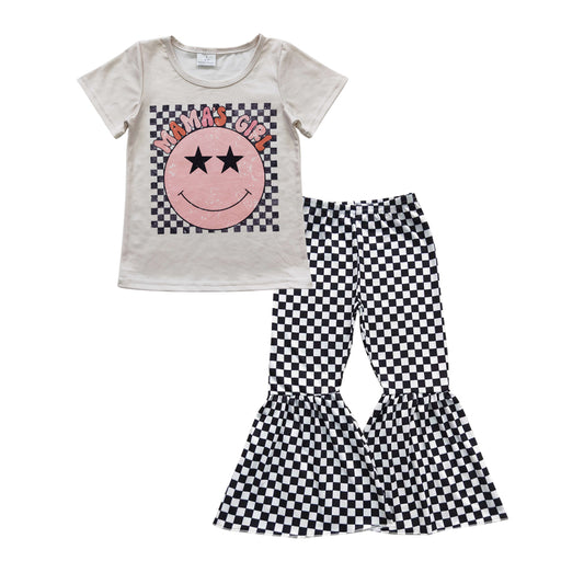 Mamas girl short sleeve top checkered bell pants outfit