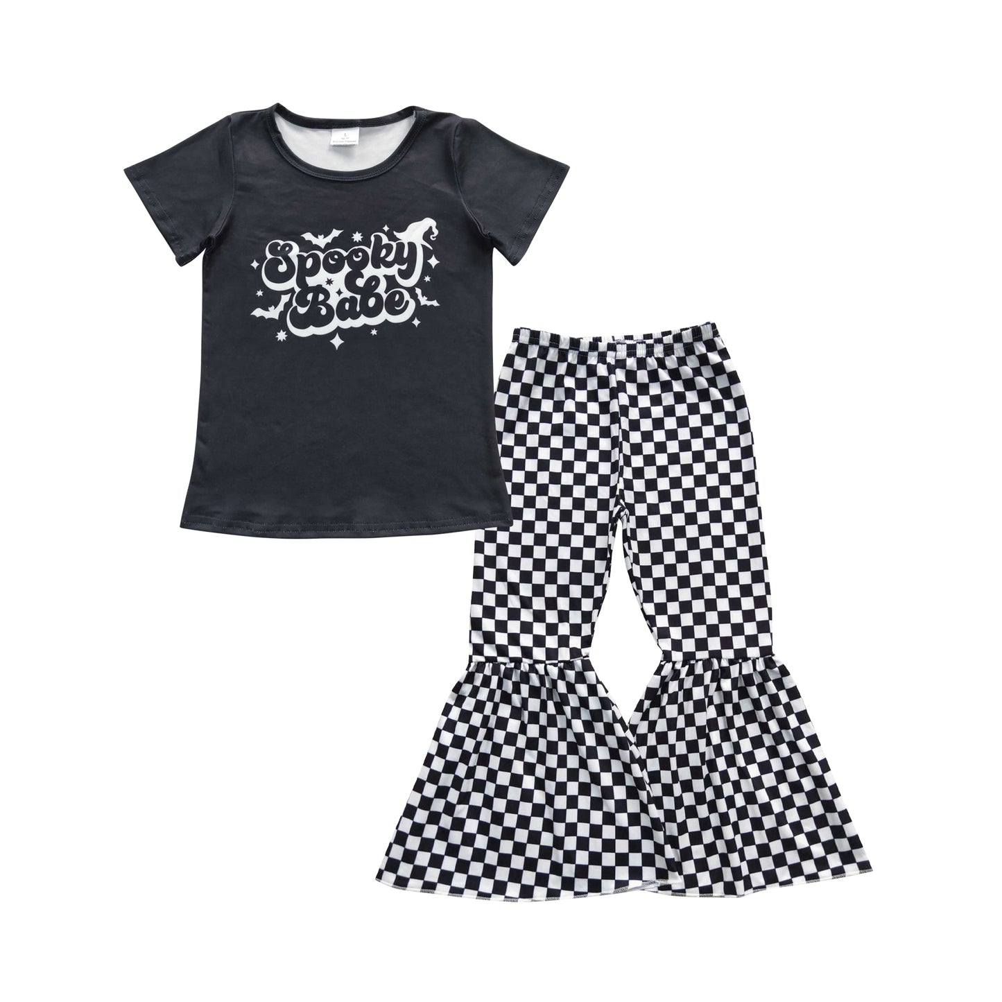 girls short sleeve spooky babe top checkered bell pants outfit