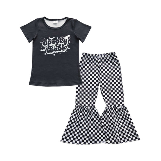 girls short sleeve spooky babe top checkered bell pants outfit