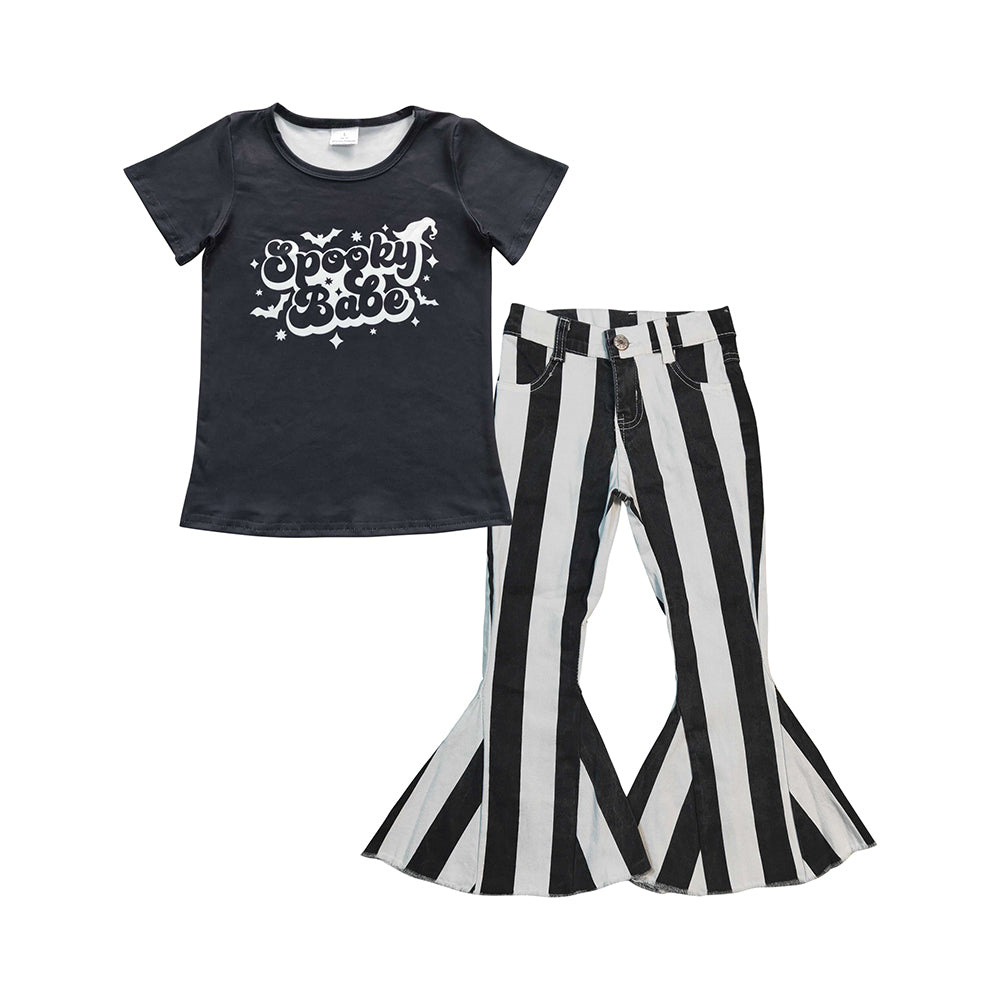 girls spooky top black stripes denim pants Halloween outfit