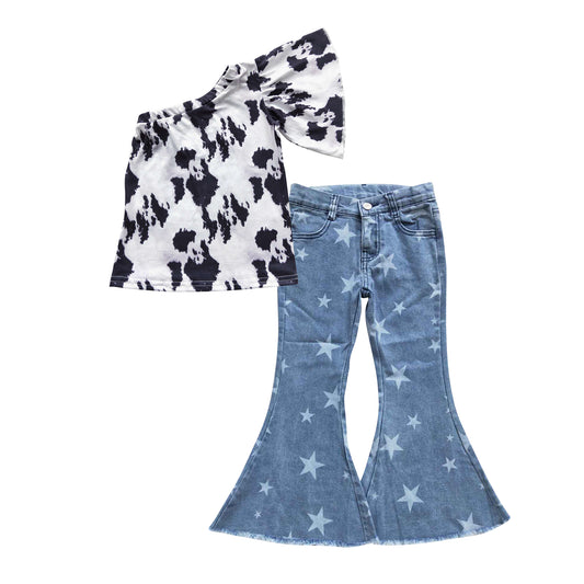 one shoulder cow top star denim bell bottoms outfit