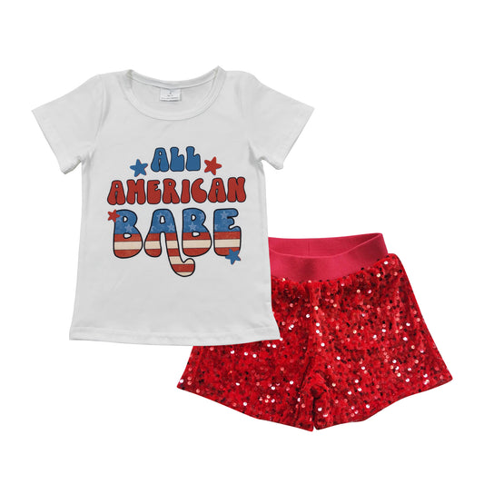 All American babe top red sequins shorts July 4th baby clothes