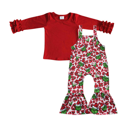 red long sleeve cotton top Christmas overall 2pcs clothing set