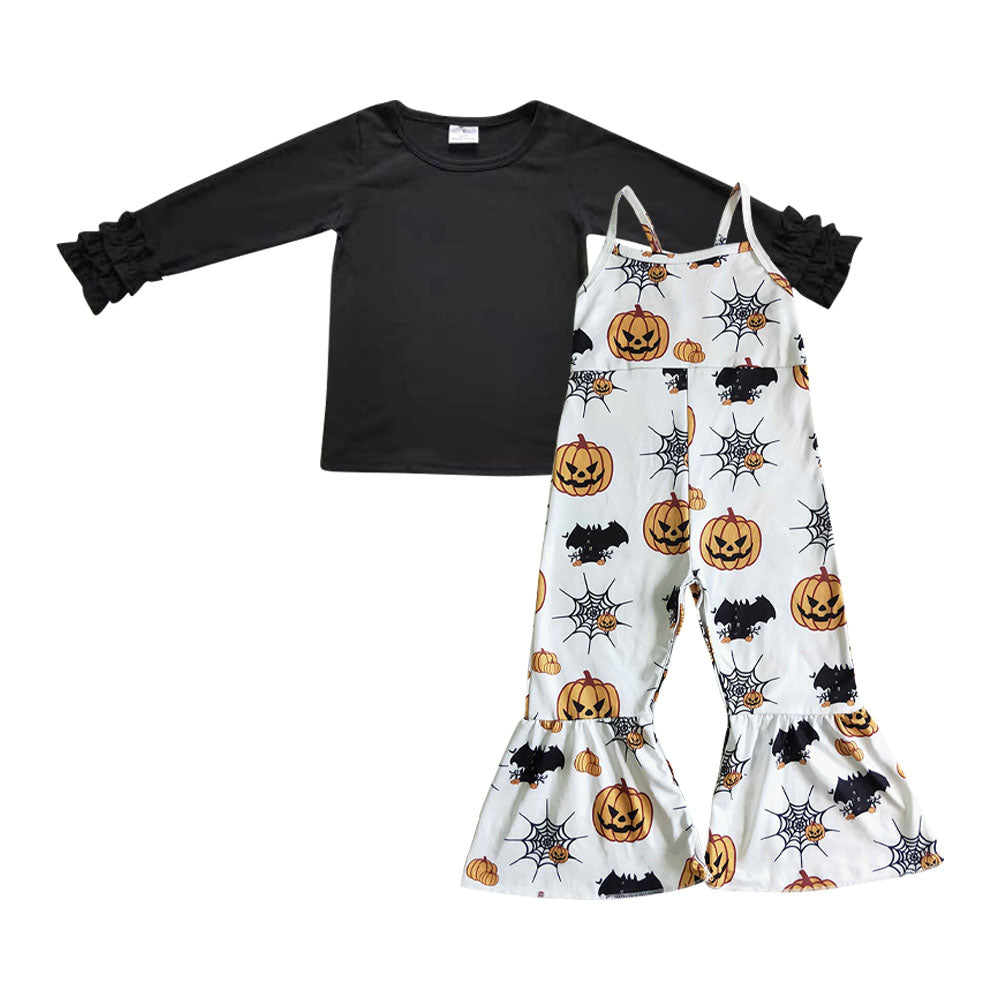 black long sleeve top Halloween pumpkin suspender pants set