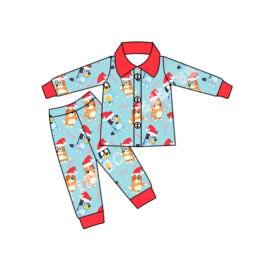 Christmas blue dog cartoon winter pajama set girls clothes sets