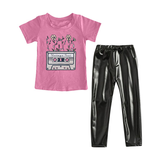 Pre order children girls pink letter top black p-leather leggings outfit