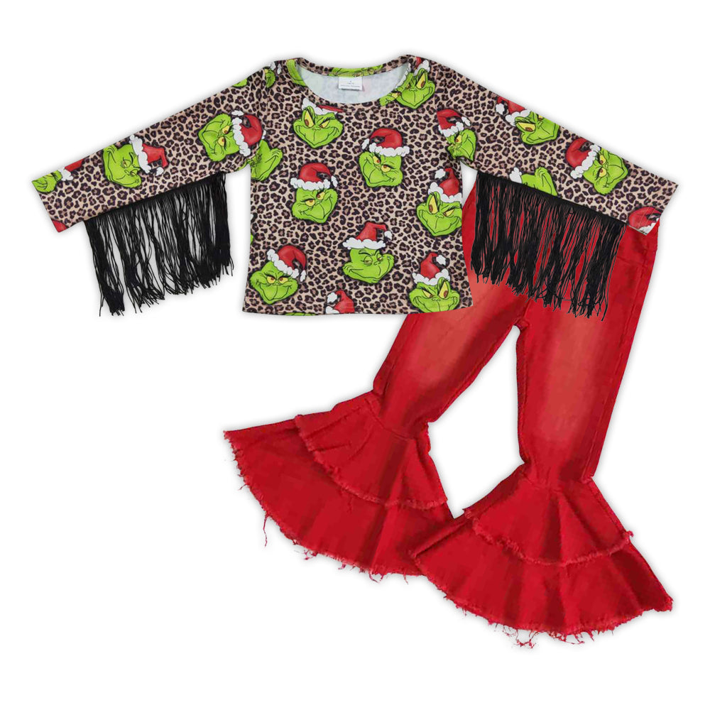 girls long sleeve green face tassel top red ruffle denim pants Christmas outfit