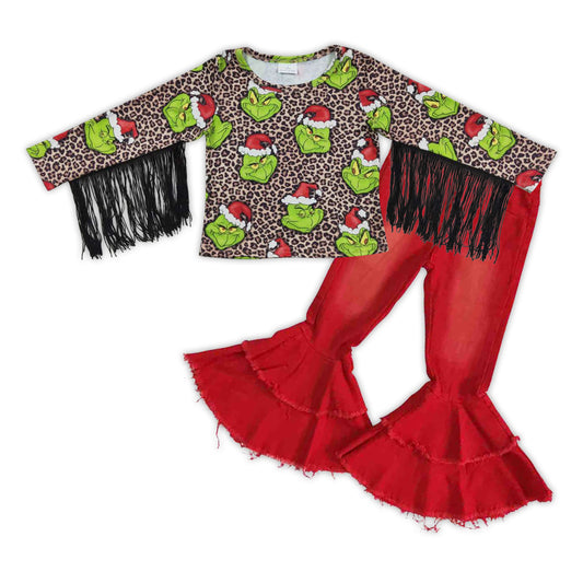 girls long sleeve green face tassel top red ruffle denim pants Christmas outfit