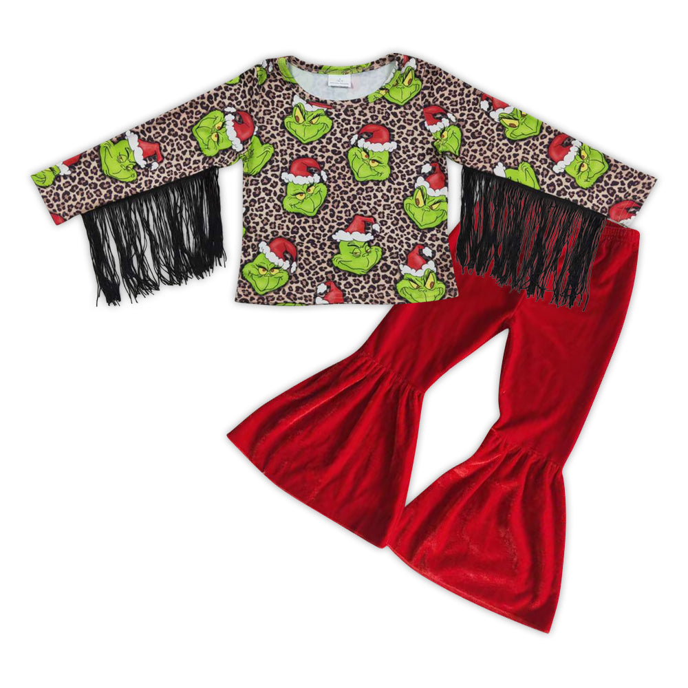 girls long sleeve green face tassel top red velvet pants Christmas outfit