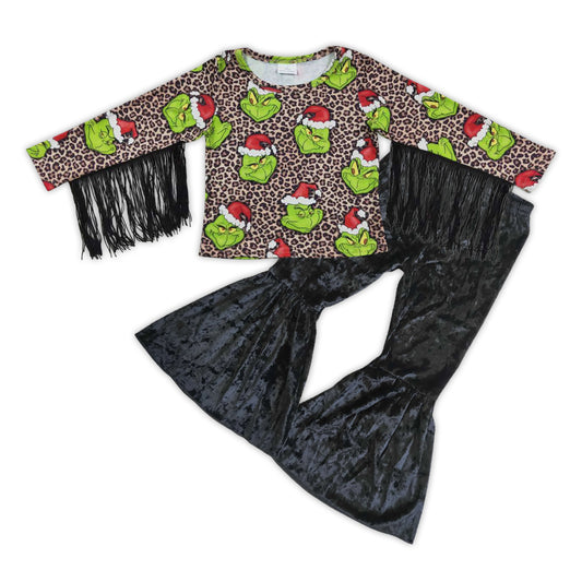 girls long sleeve green face tassel top black velvet pants Christmas outfit