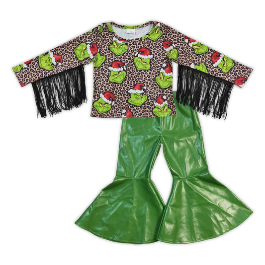 girls long sleeve green face tassel top green p-leather pants Christmas outfit