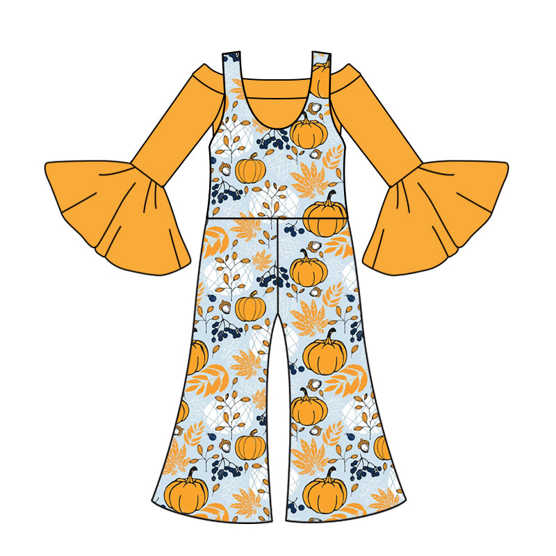 yellow long sleeve top floral pumpkin overall clothes set