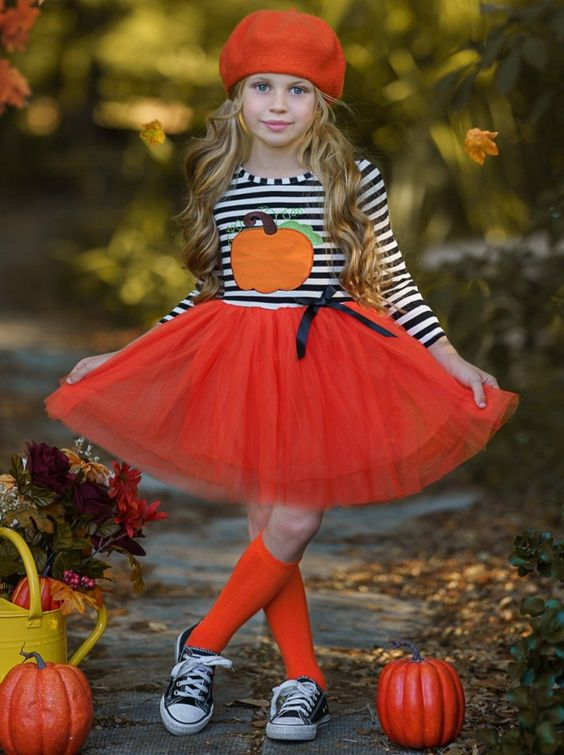 Fall pumpkin girls long sleeve tulle dress, moq 3