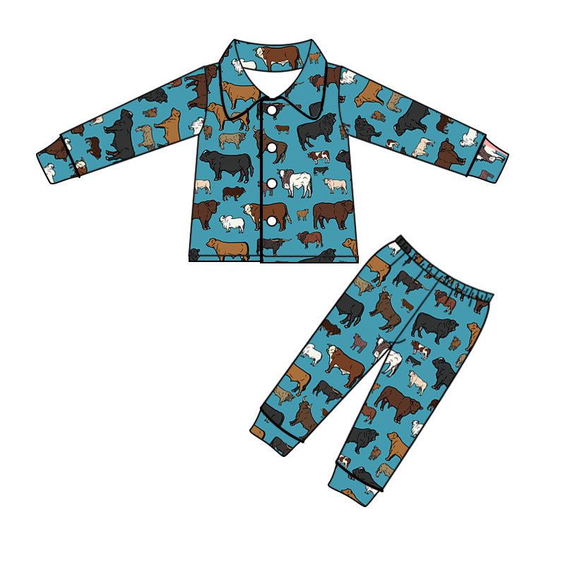 farm animal cow long sleeve button up pajama set, moq 3