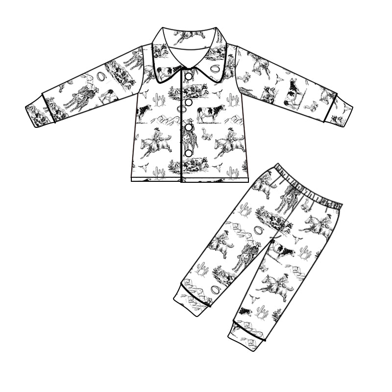 western cowboy cactus long sleeve button up pajama set, moq 3