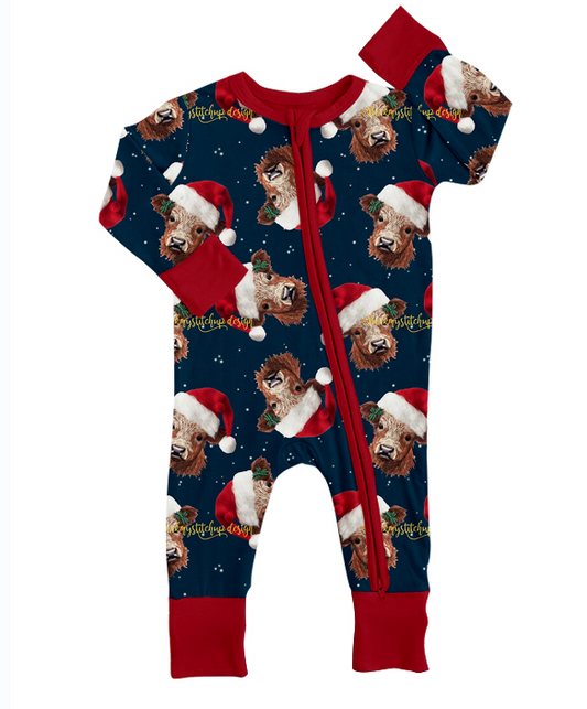 Christmas cow long sleeve zip romper, pls order bf July 25th