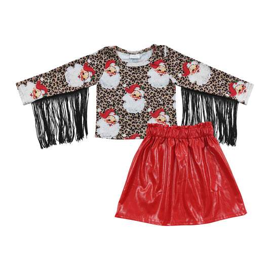 Christmas tassel top red pu leather skirt clothes set