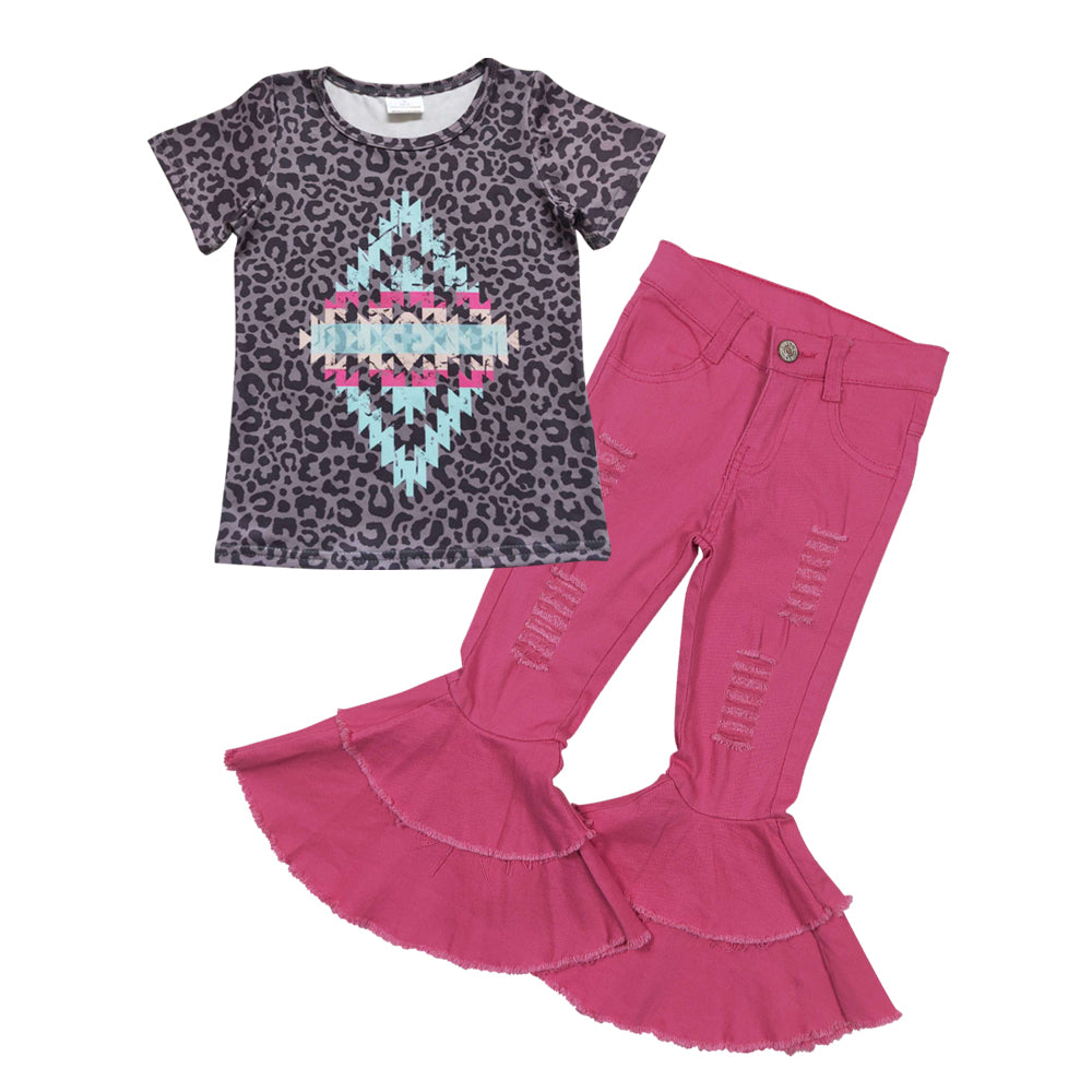 Aztec short sleeve top hot pink denim pants clothes set