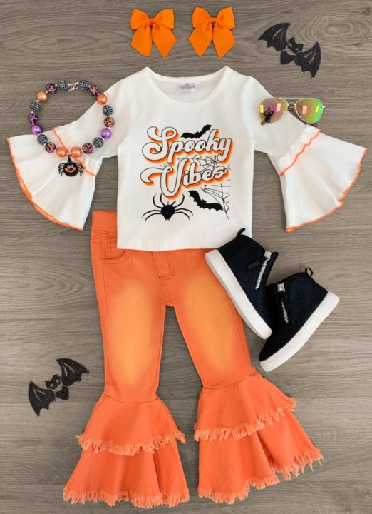 Halloween web long sleeve top orange bleach denim pants outfit baby clothes