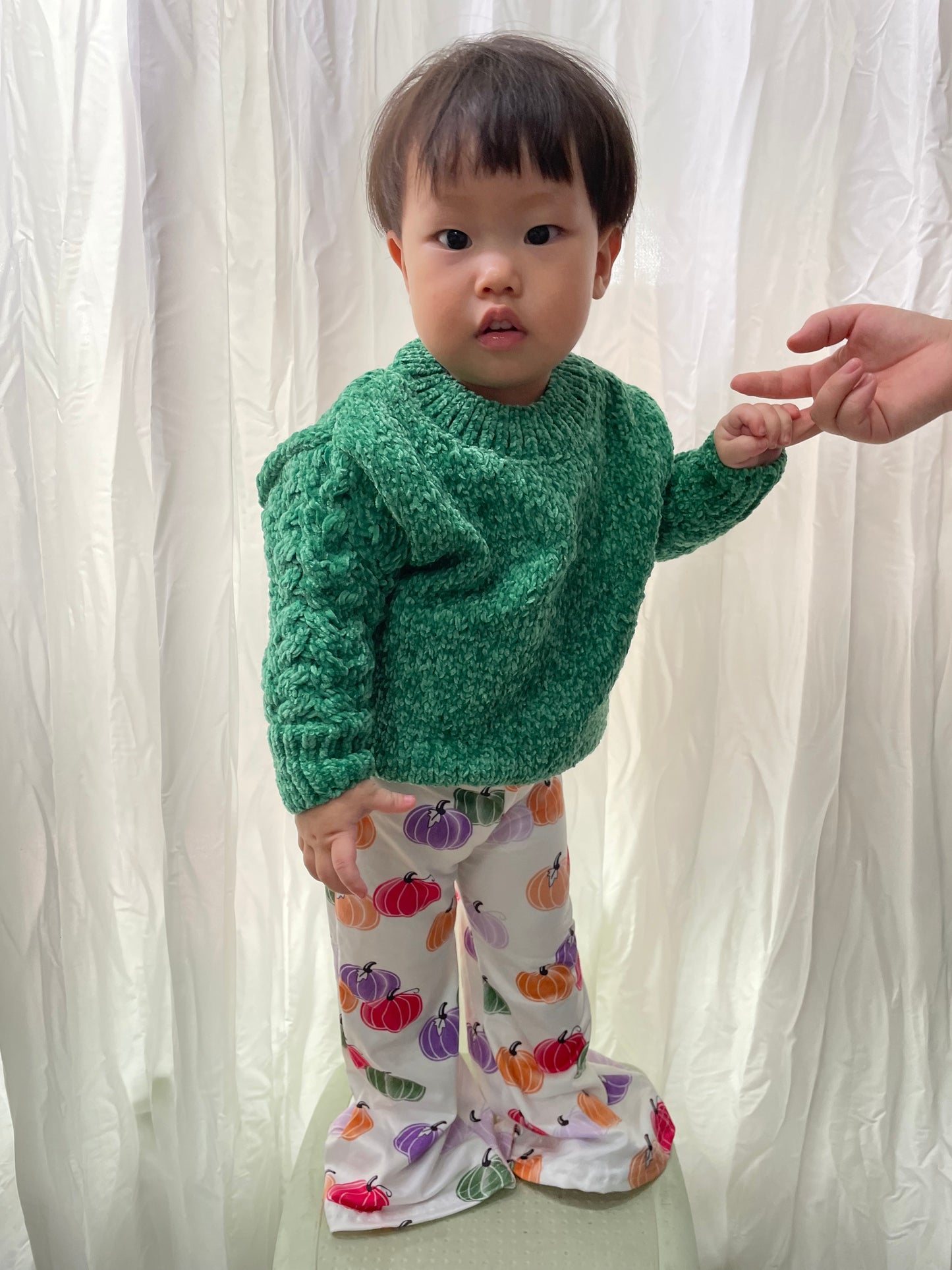 green long sleeve sweater pumpkin bell bottoms fall outfit