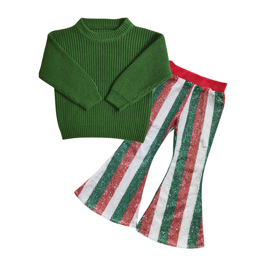 baby girls Christmas green sweater top matching bell bottoms 2pcs outfit