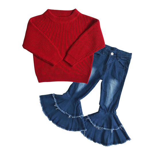 red sweater blue flare jeans bell  bottoms pants outfit