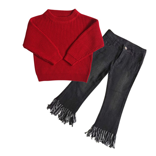 red sweater black fringe jeans bell  bottoms pants outfit